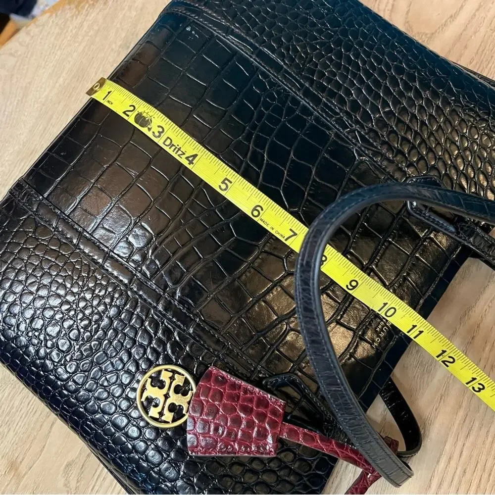 Tory Burch Perry Black Croc Embossed Triple Compartment Zip Tote Bag Large Purse
